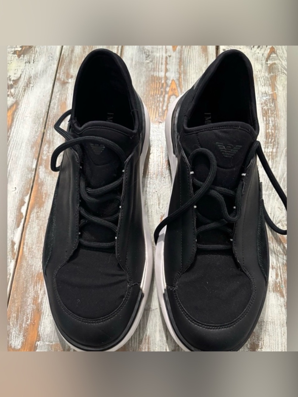 Emporio Armani Leather Black Upper and White Soles Low-Top Lace up Sneakers 10 M